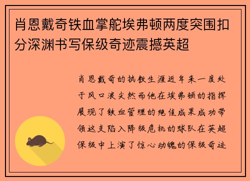 肖恩戴奇铁血掌舵埃弗顿两度突围扣分深渊书写保级奇迹震撼英超